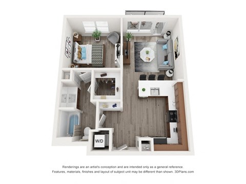 this is a 3d floor plan of a 852 square foot 1 bedroom apartment at the